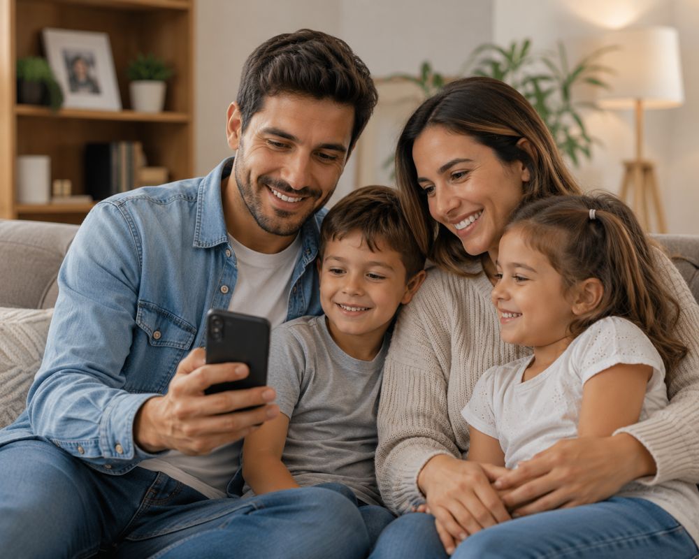 Familia sonriendo junta en su casa